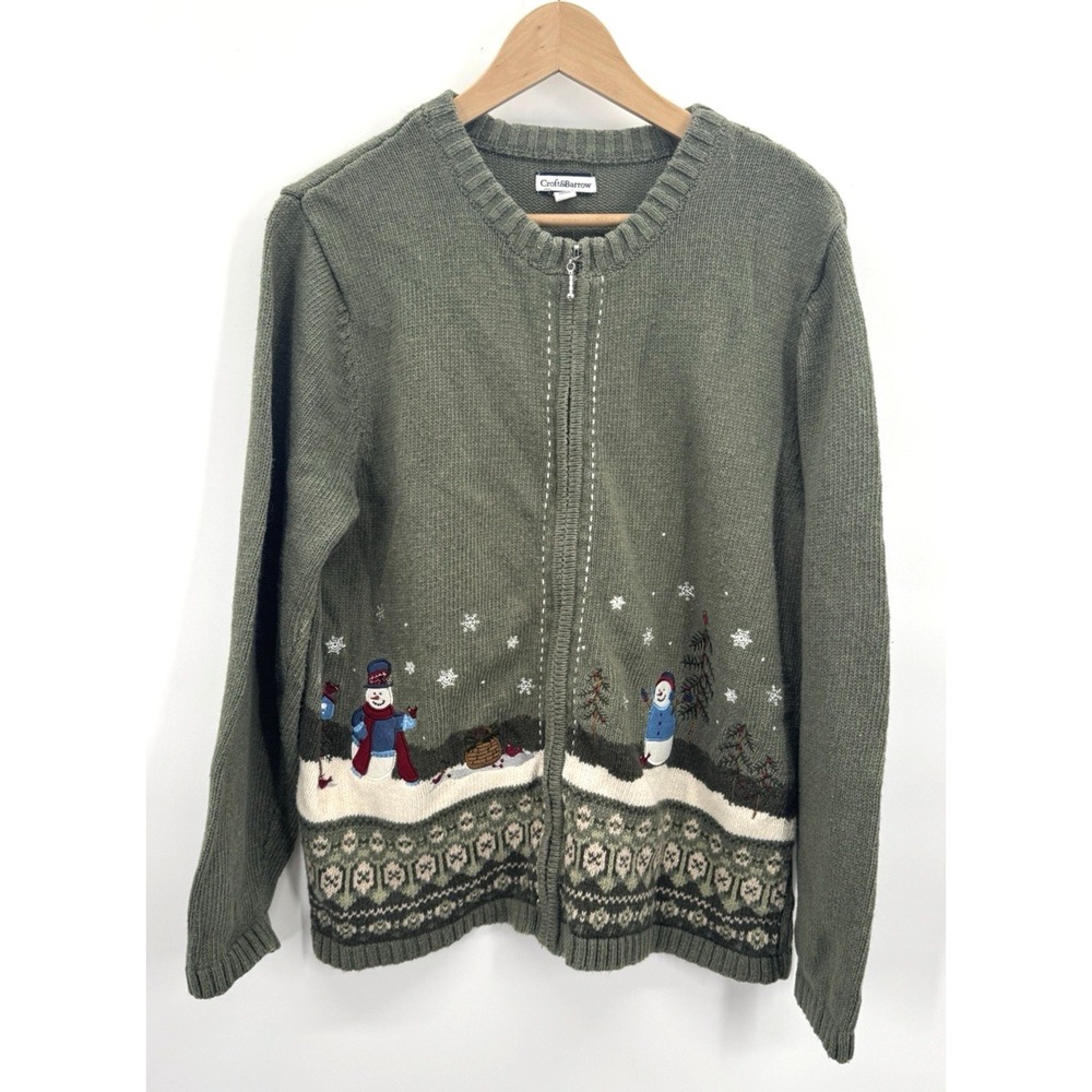 VTG Y2K Croft & Barrow XL Cardigan Snowman Embroidered Silk Ramie Winter Novelty